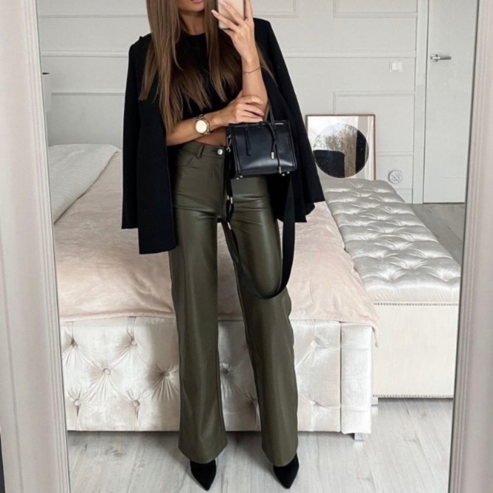 Zara limited edition leather straight leg pants olive green - Picture 3 of 16
